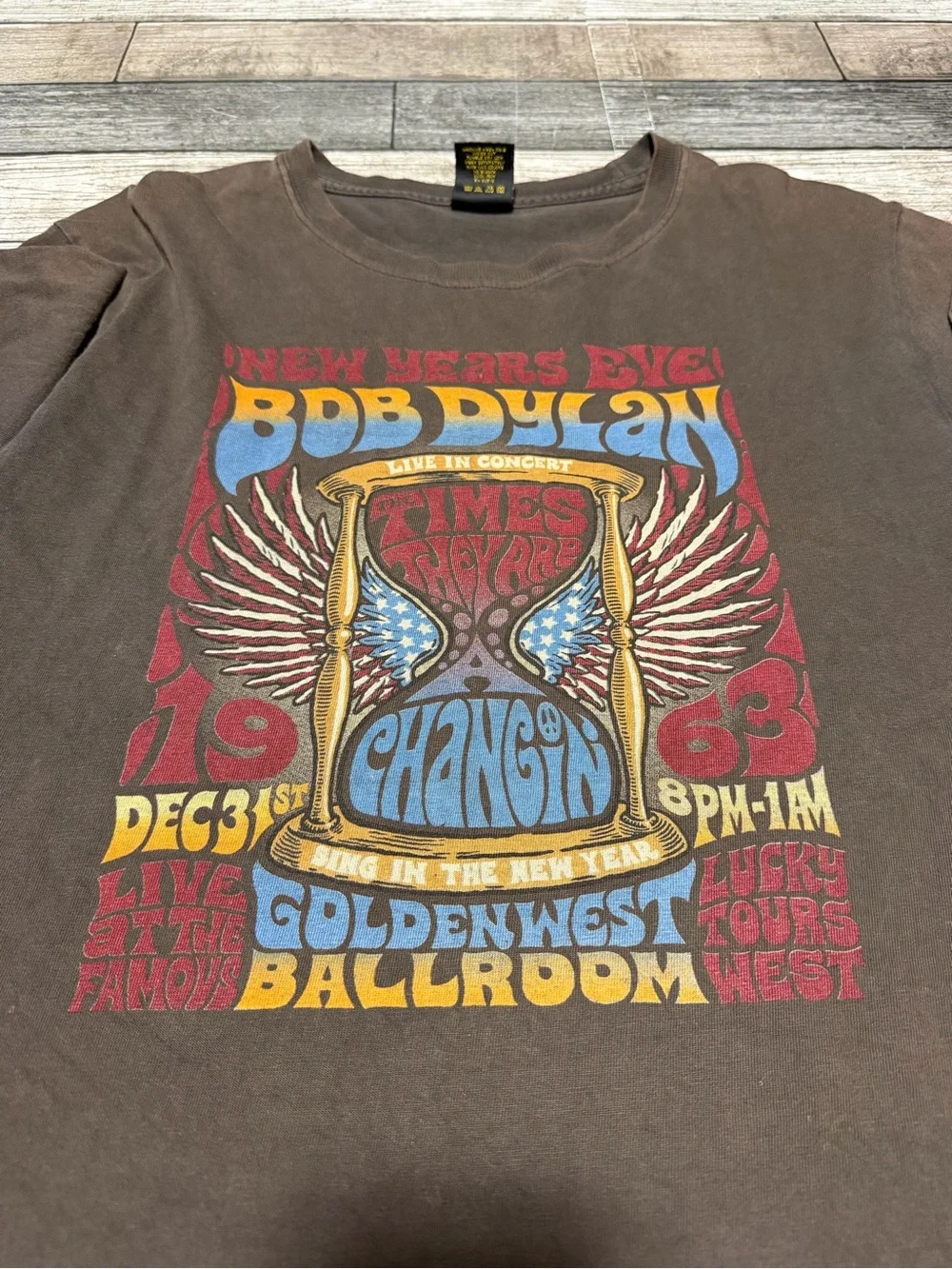 Vtg Lucky Brand Bob Dylan T Shirt Men’s XL Brown New Years Goldenwest Ballroom